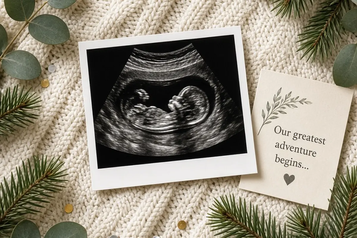 A flat lay of a first-trimester sonogram surrounded by holiday decorations including pine sprigs, eucalyptus, and gold confetti on a cream blanket with a small announcement card