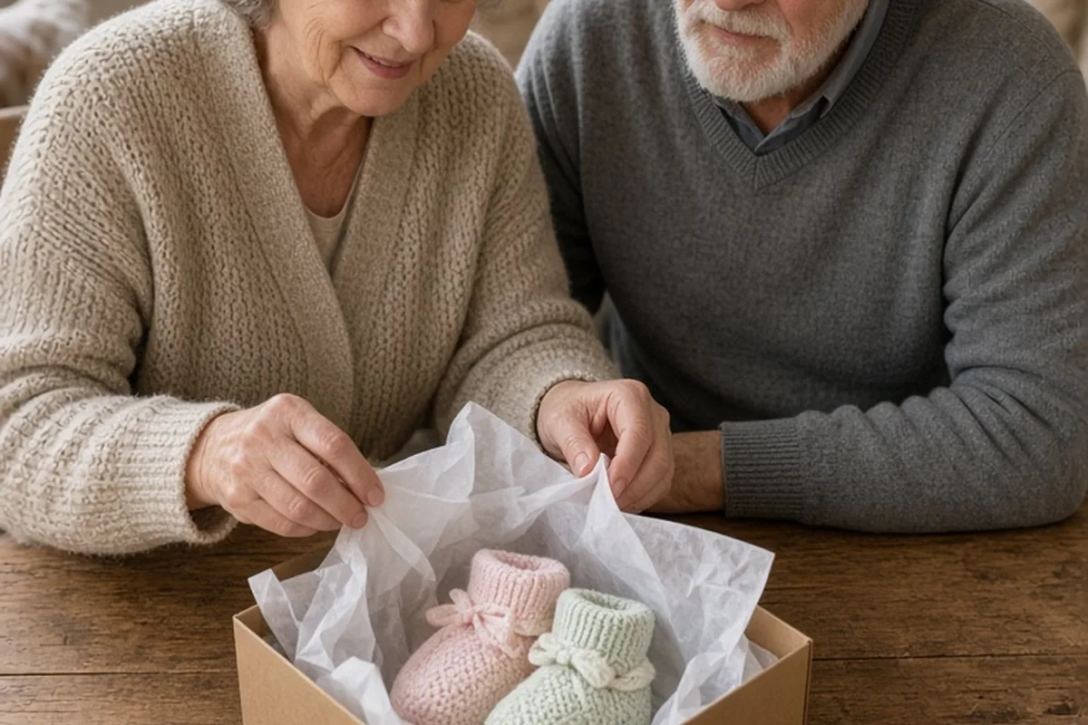 Grandparents opening a gift box to reveal baby booties