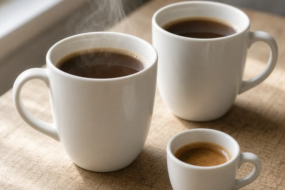 Two large white coffee mugs and one small white espresso cup on a wooden table in a bright room