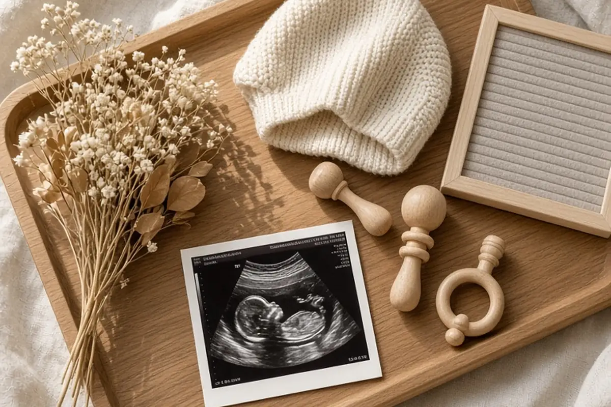 A high angle photograph showing an ultrasound print, knit baby bonnet, wooden baby rattles, dried floral stems, and a felt letterboard arranged on a wooden tray on a linen blanket in a bright home set