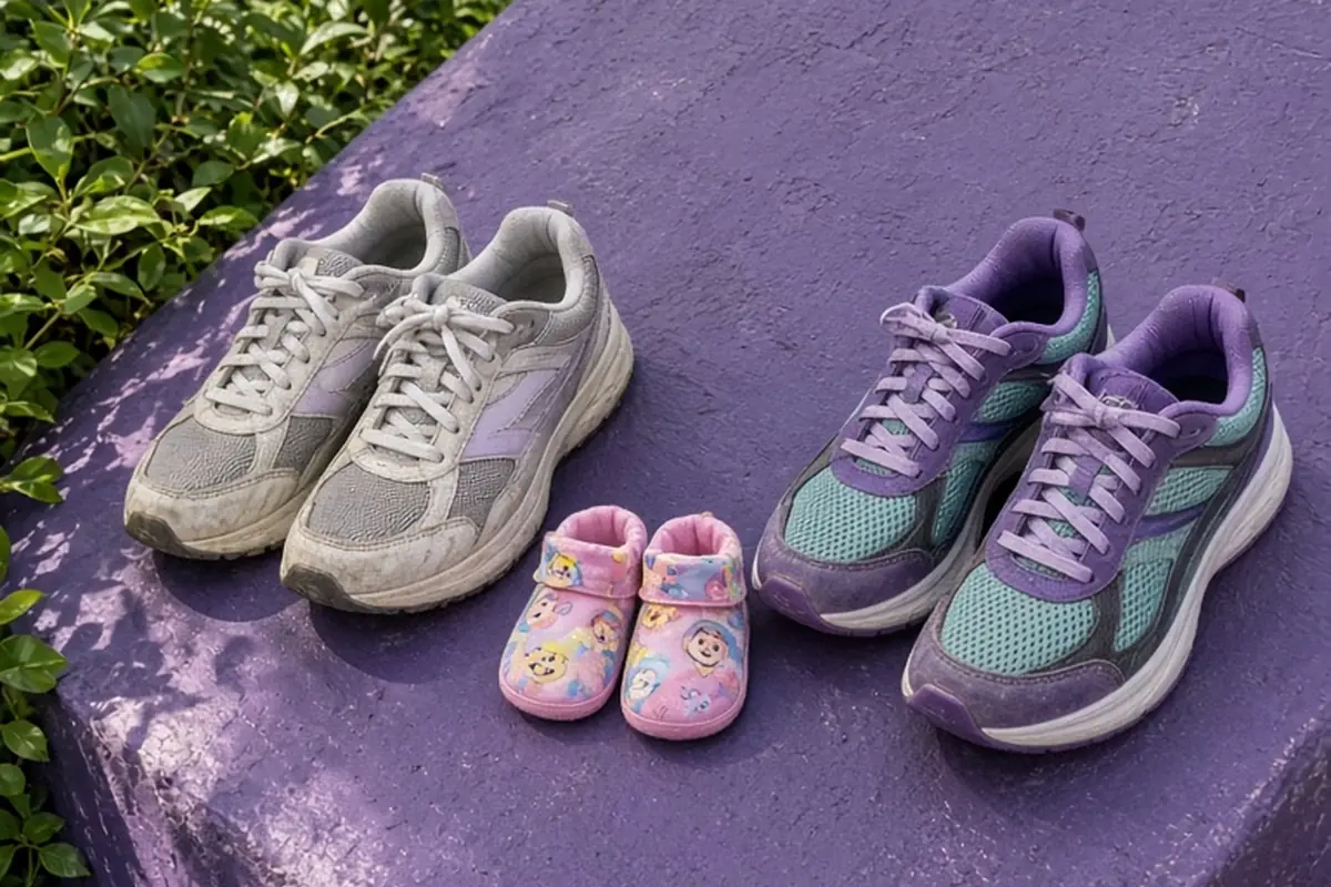 Close-up of baby booties between adult sneakers on purple wall in Tomorrowland with castle in background
