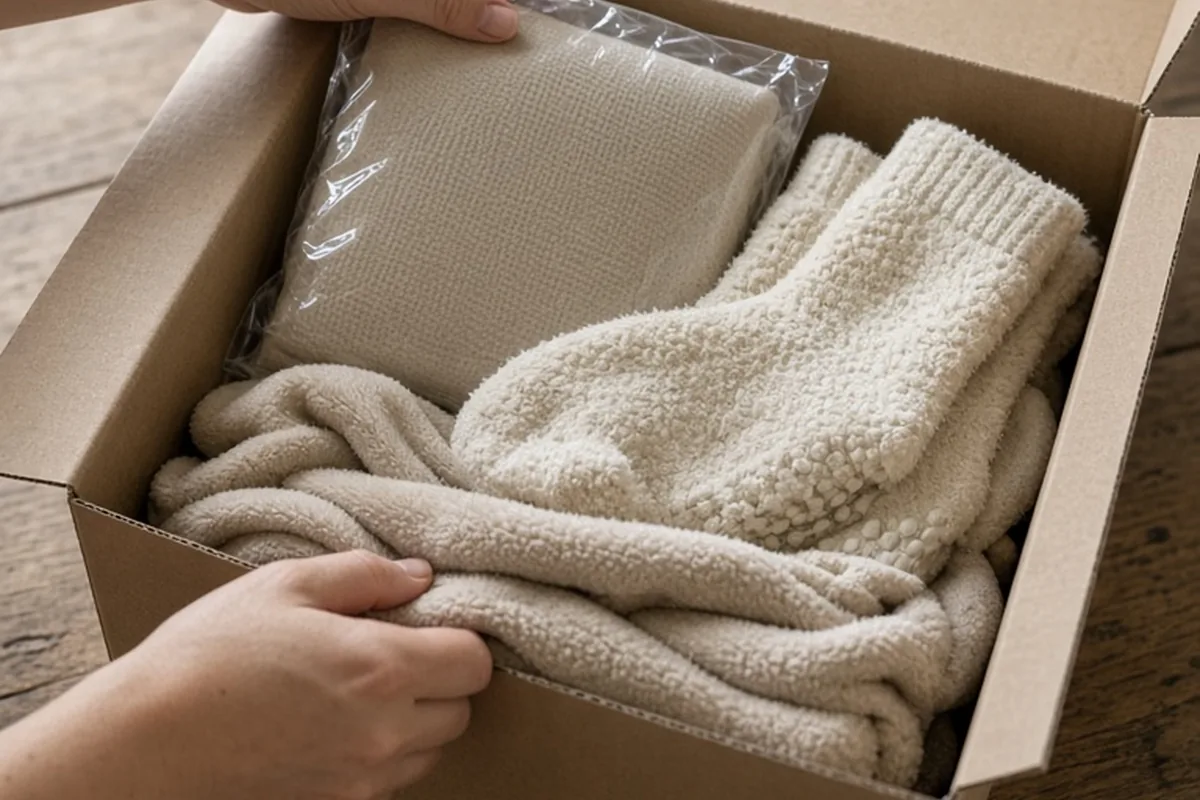 An open cardboard box on a wooden table filled with comfort items like a heating pad, plush socks, and a throw blanket with a pair of adult hands arranging them
