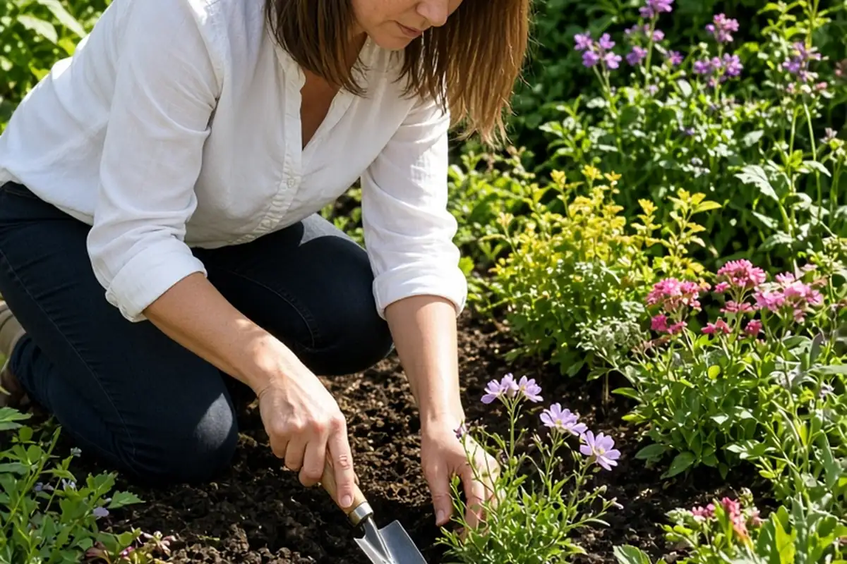 A clearly adult woman in her thirties with shoulder-length straight brown hair wearing a simple white blouse and dark jeans kneeling in a garden and planting a flower in the soil with a trowel