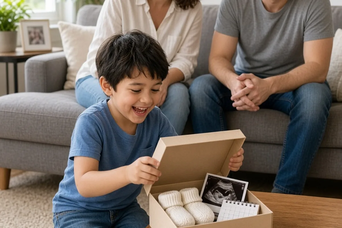 A young child opening a gift box in a home setting revealing baby booties, a sonogram photo, and a calendar with smiling parents in the background.