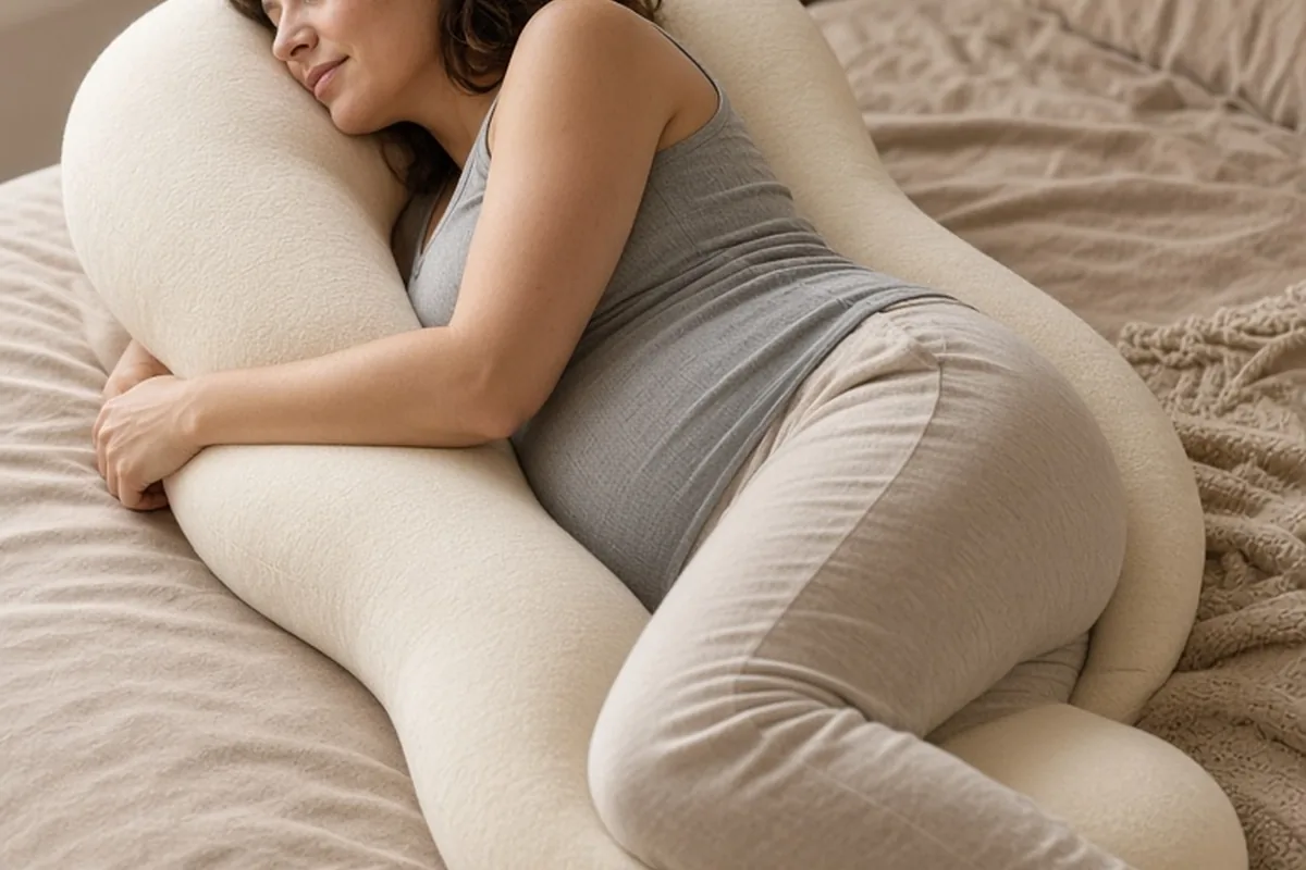 A pregnant woman lying on her side in bed, knees bent at 60 degrees with a pregnancy pillow between her knees and ankles