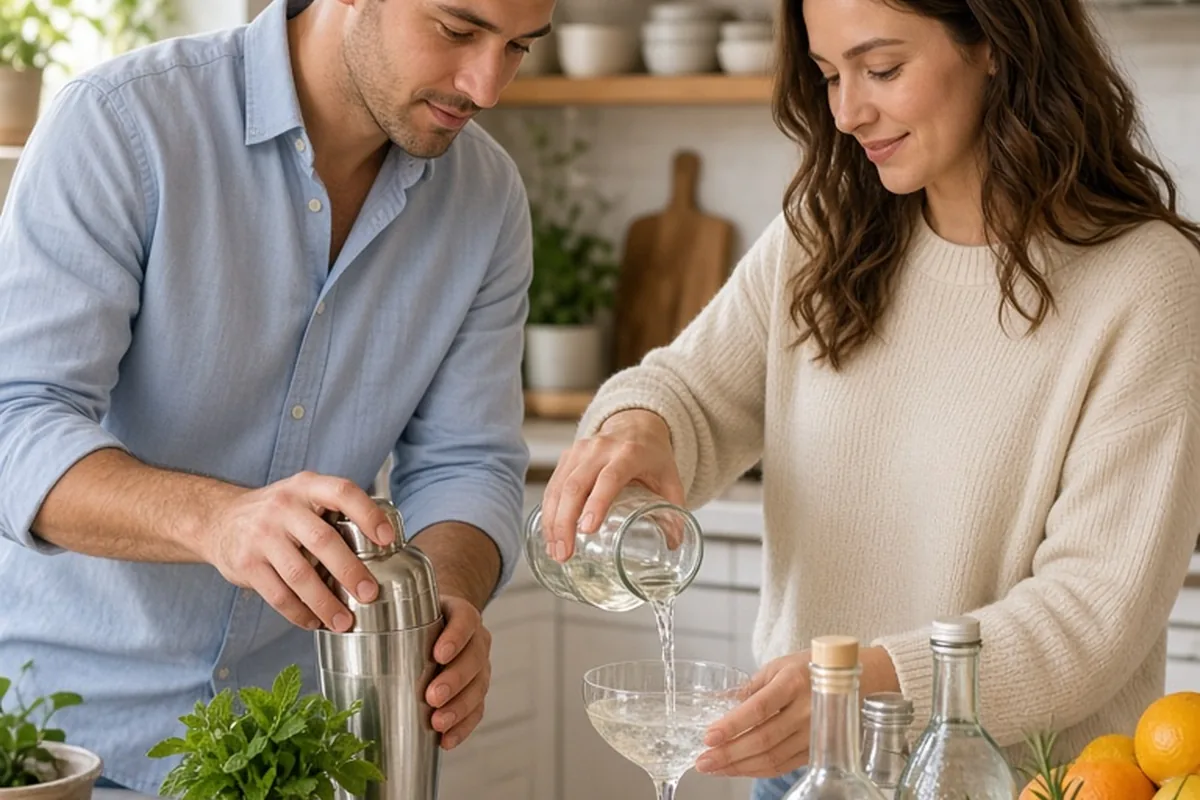 A couple in a home kitchen preparing mocktails with ingredients and glassware
