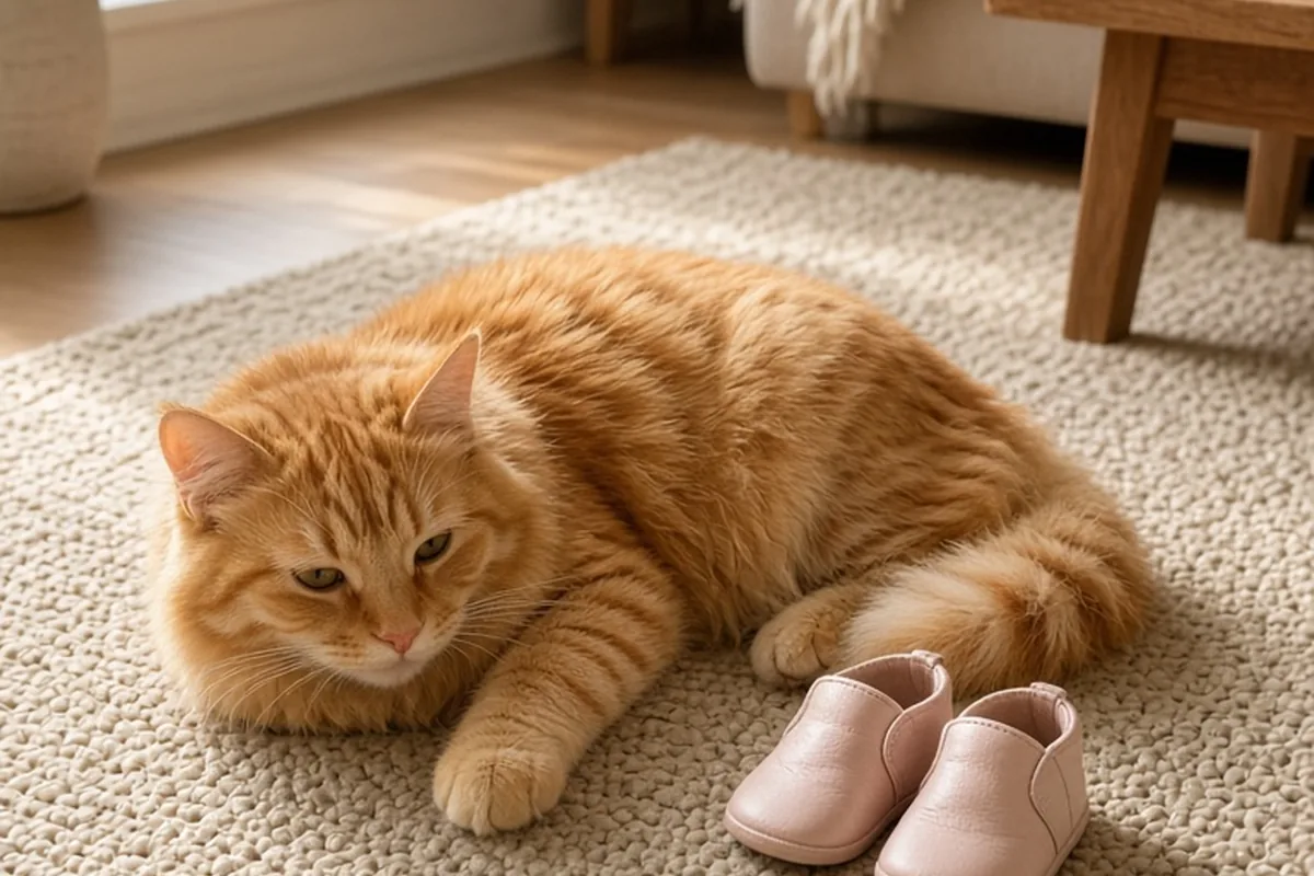 a small fluffy orange tabby cat resting on a rug with a pair of tiny baby shoes beside it in a bright home interior