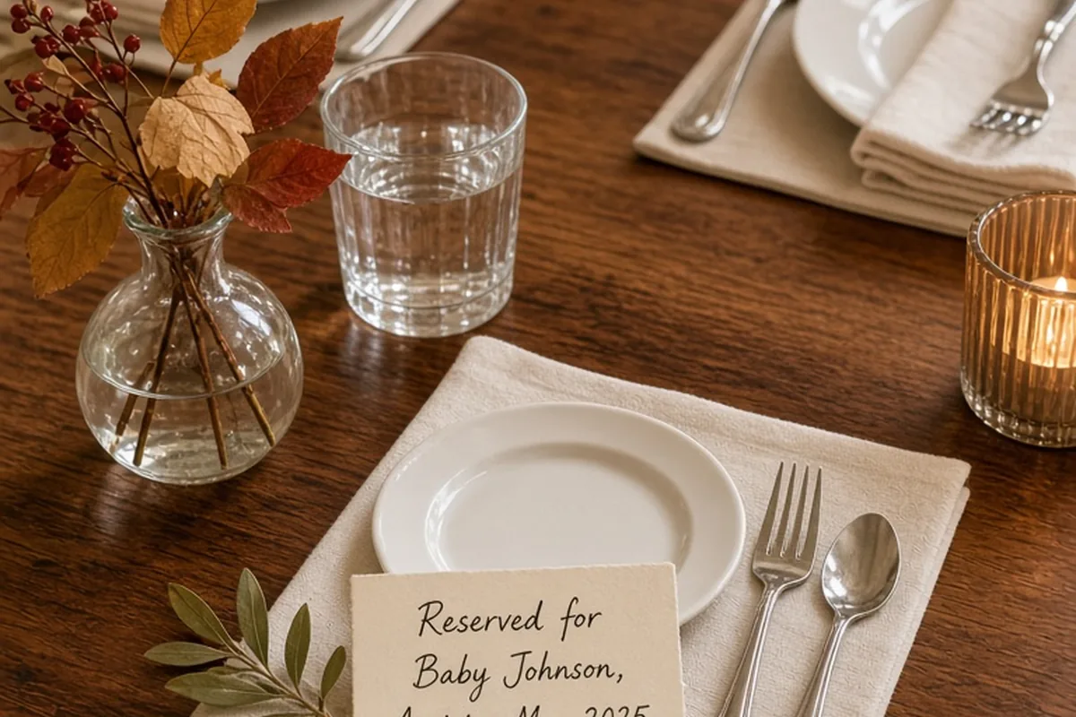 Thanksgiving dining table with extra miniature place setting including small empty plate, infant-sized fork and spoon, and handwritten label 'Reserved for Baby Johnson, Arriving May 2025' between plac
