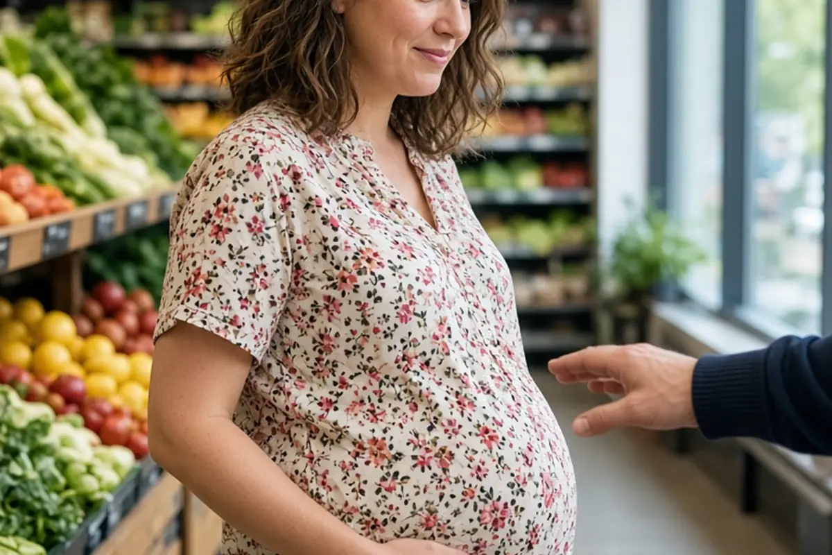 Pregnant woman in grocery store aisle gently stepping back from a stranger's reaching hand toward her belly, hand on belly, expression of discomfort