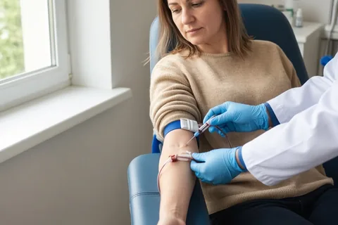 Woman having her blood drawn in a doctor's office exam room