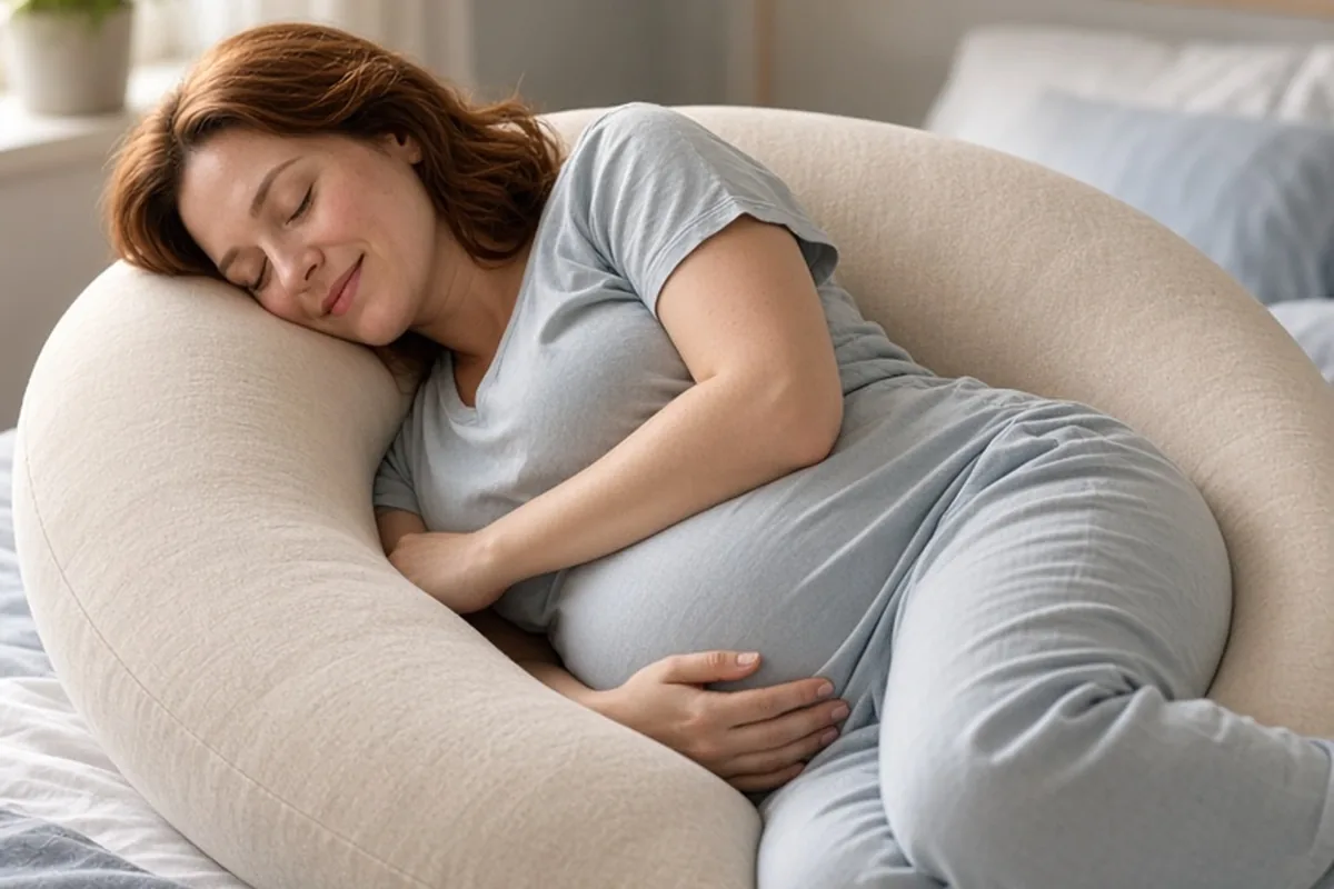 Pregnant woman lying on her side in bed with head supported by ergonomic pregnancy pillow