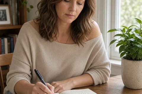 A woman in her thirties with wavy brown hair sitting at a wooden desk writing in an open notebook with a pen in a bright room