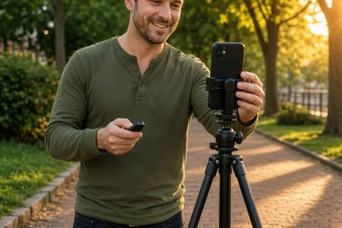 Man outdoors in a park using a tripod to take his best dating profile picture with natural golden hour lighting and relaxed smile