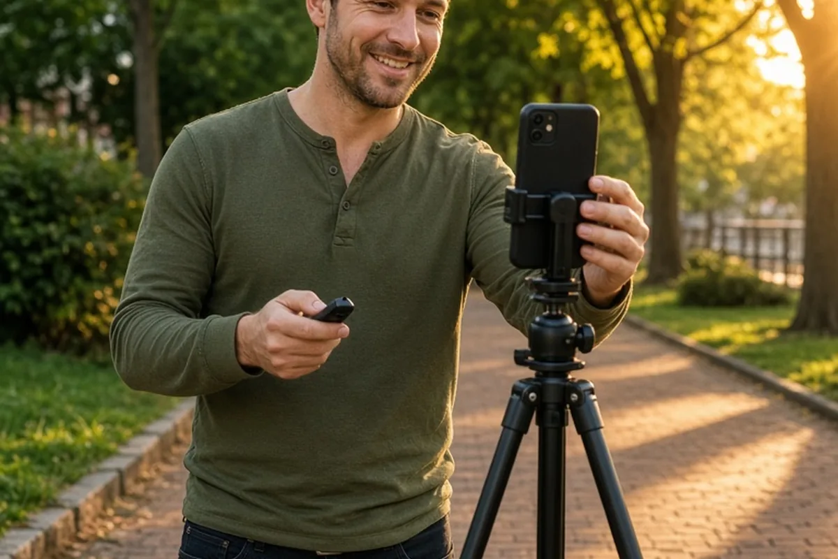 Man outdoors in a park using a tripod to take his best dating profile picture with natural golden hour lighting and relaxed smile