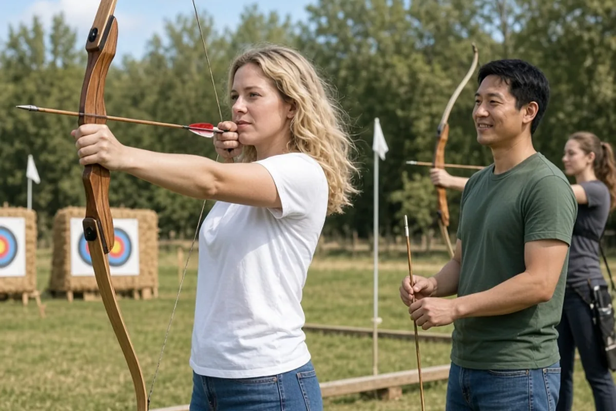 A woman with shoulder-length wavy blonde hair drawing her recurve bow at an outdoor archery range while a man with short black hair smiles beside her, an instructor visible in the background