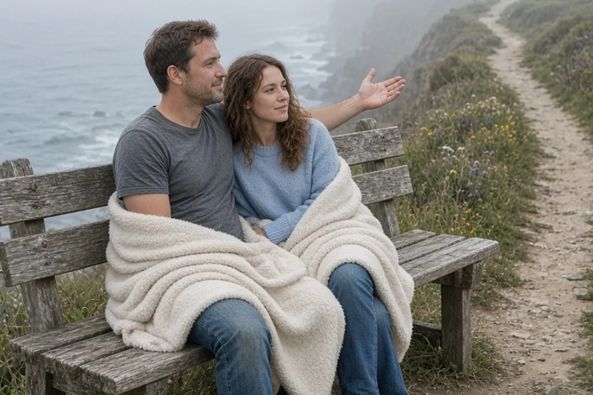A man and woman seated on a wooden bench in a foggy coastal ridge trail, the man sharing a fleece and gesturing to suggest turning back toward a seaside bakery