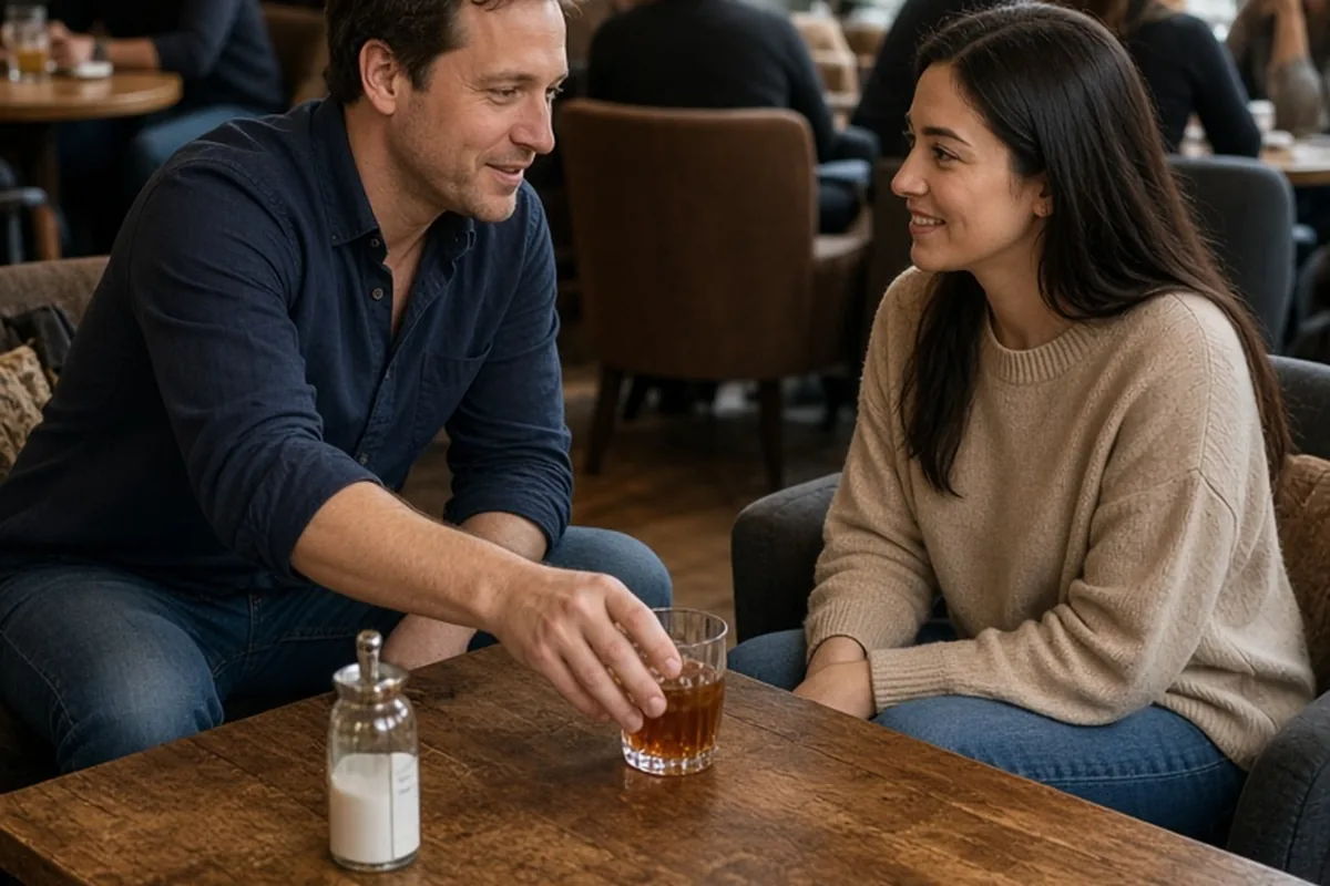 A man leaning closer to a woman in a busy lounge, moving a drink on the table