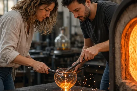 The couple in their thirties collaboratively shaping a glowing glass bowl on the workbench in a glassblowing studio