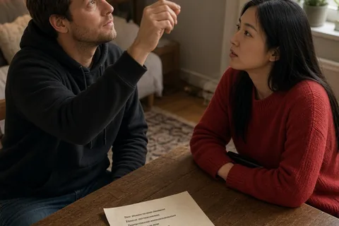 A man and a woman seated at a wooden dining table, one flipping a silver coin in the air while the other looks at a list of movie titles