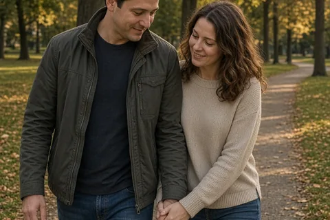 A man and woman walking in a quiet park, the woman reaching out to hold the man's hand while leaning in close to him.