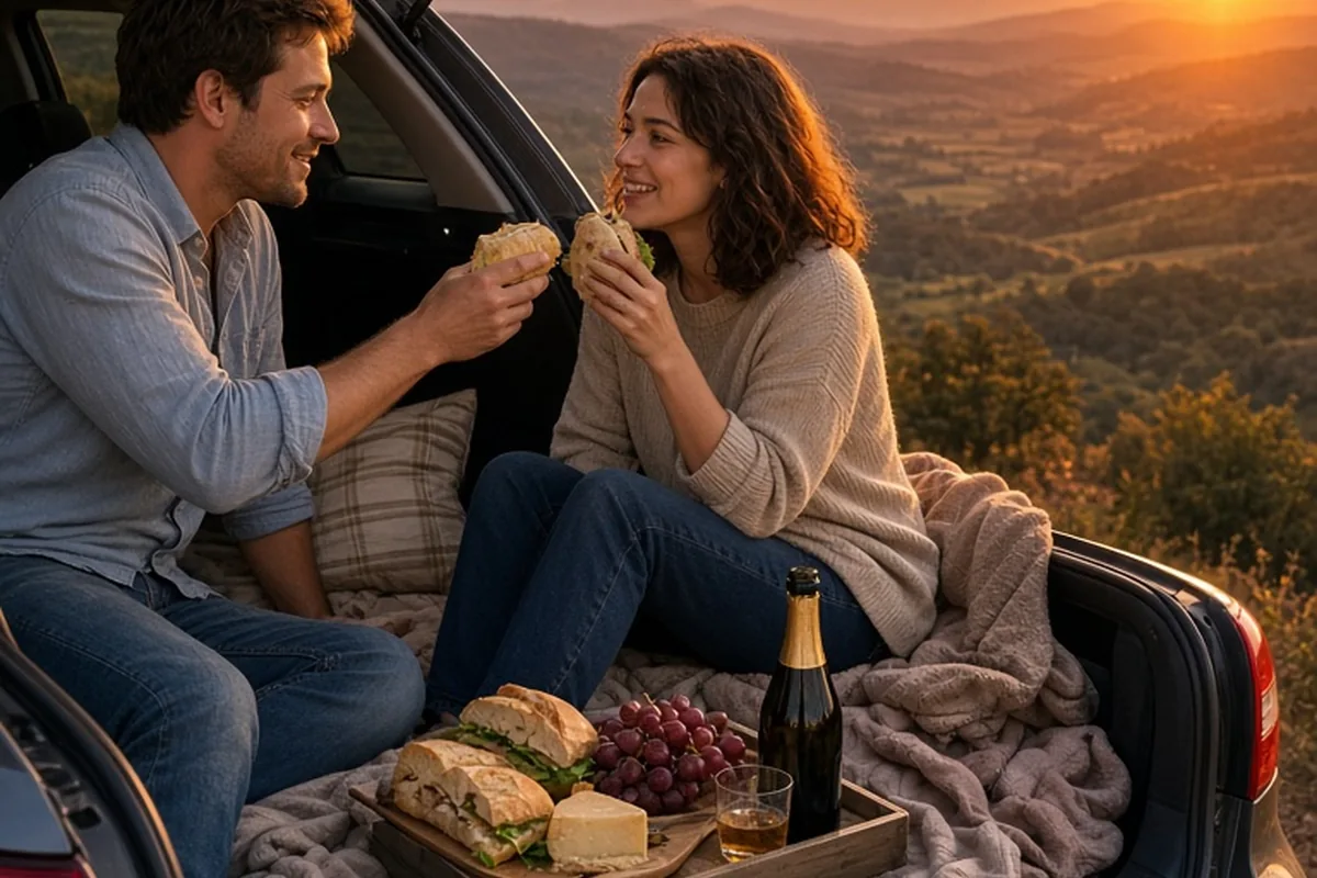 A couple eating a picnic in the open trunk of a car at a scenic overlook with the sunset in the background
