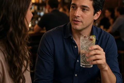 A man in his thirties with short dark hair holding a tall glass of iced club soda at a table in a cocktail bar during a first date conversation