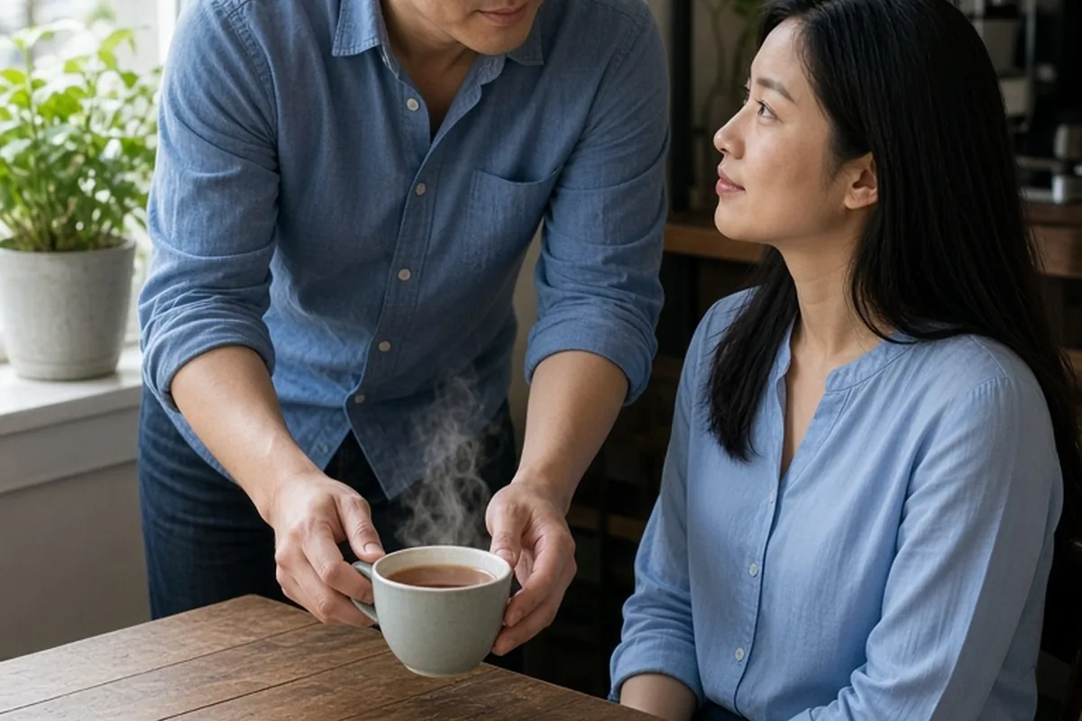 A man with short black hair places a cup of tea in front of a woman with long straight black hair in a coffee shop while both look at each other attentively.