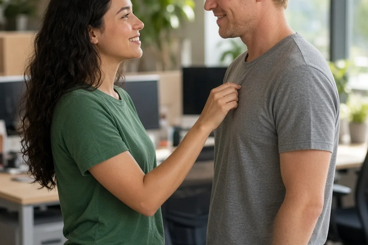 Woman in an office smiling and gesturing towards a man's jacket as she makes a casual compliment