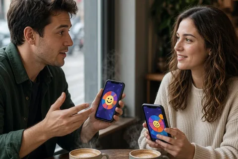 A man in his late twenties and a woman in her mid-twenties sitting at a cafe table, each holding a smartphone displaying a color-coded personality test result card, engaged in conversation with coffee
