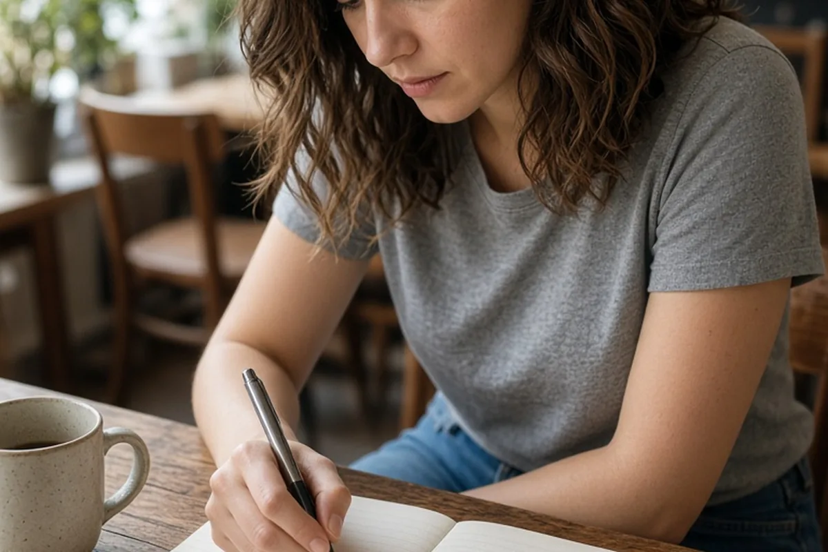 Woman sitting at a table in a cafe writing notes on a notepad with a pen
