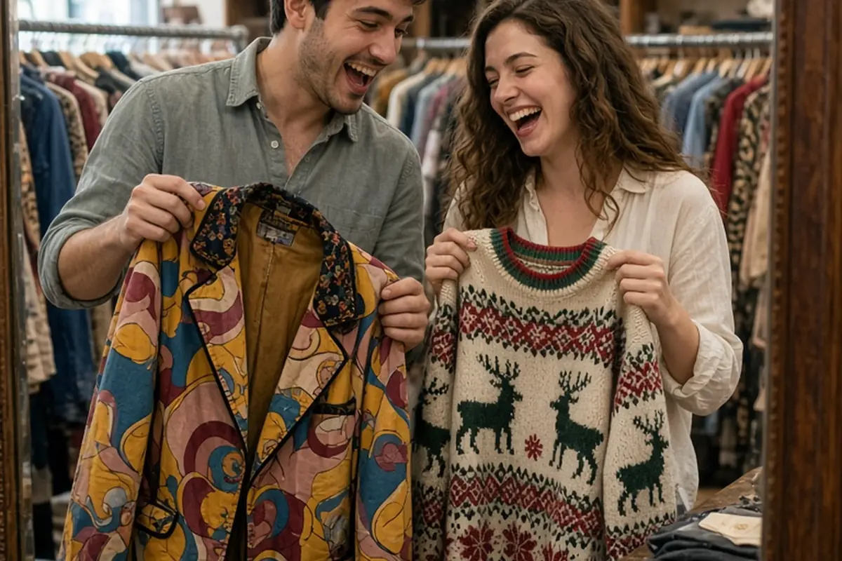Two adults laughing while holding up an eccentric retro jacket and a tacky holiday sweater in front of a thrift store mirror