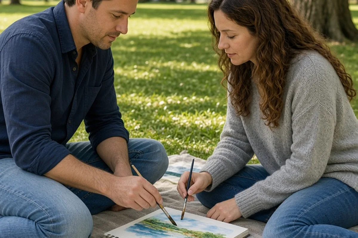 A man and a woman painting watercolors together on a picnic blanket in a park