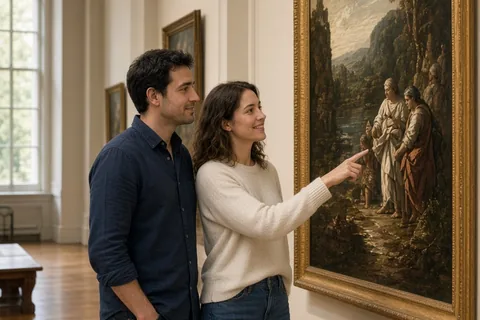 A man and woman in their thirties standing in front of a large framed painting in a museum art gallery, with the woman pointing at the artwork and the man looking at it closely.