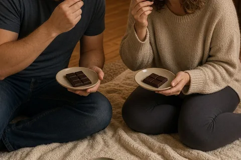 The couple sitting on the floor in a living room tasting numbered chocolate bars from plates during a blind taste test while reviewing flavor notes on index cards