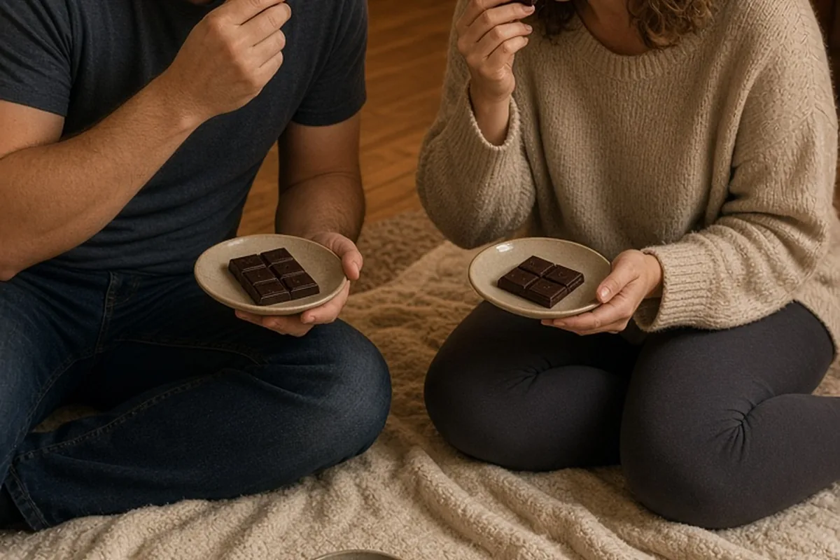 The couple sitting on the floor in a living room tasting numbered chocolate bars from plates during a blind taste test while reviewing flavor notes on index cards