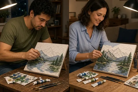 A man with short curly black hair and a woman with wavy dark brown hair painting paint-by-numbers kits at separate tables
