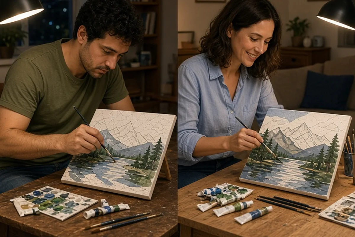 A man with short curly black hair and a woman with wavy dark brown hair painting paint-by-numbers kits at separate tables