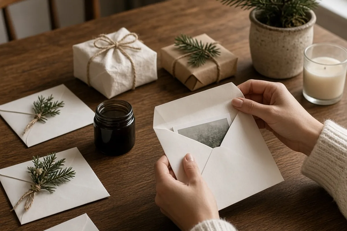 White envelopes and small wrapped gifts arranged on a wooden table with one slightly open, viewed from a three-quarter angle with soft window light