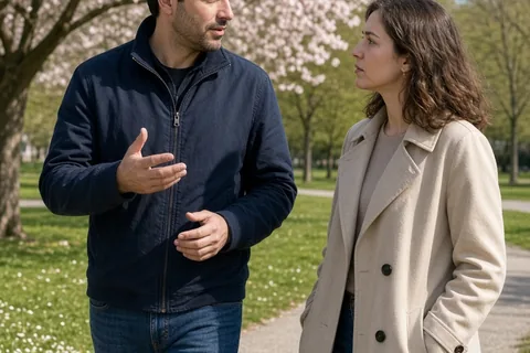 A man and a woman walking in a sunny park, the man talking to the woman