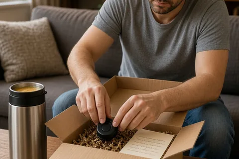 A mid-thirties man with short dark hair assembling a small care package with a key finder device, thermos filled with soup, and folded note at a wooden coffee table in a cozy apartment living room