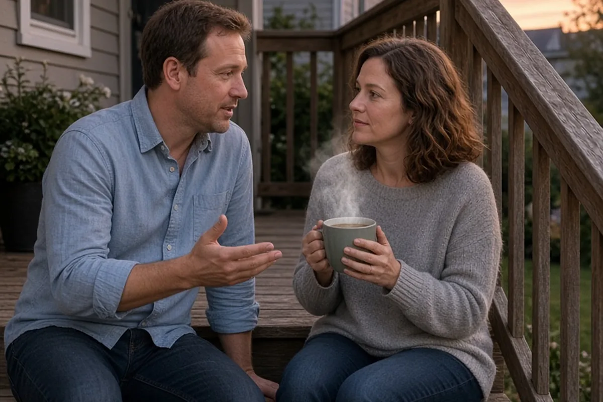 A man in his mid-thirties with short brown hair and a woman in her mid-thirties with shoulder-length wavy brown hair sitting side by side on the wooden steps of a suburban porch at dusk, the man gestu