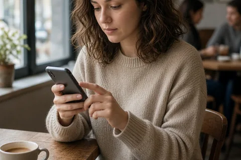 A woman in her mid-twenties with wavy brown hair typing a message on her smartphone while seated at a wooden table in a cozy cafe