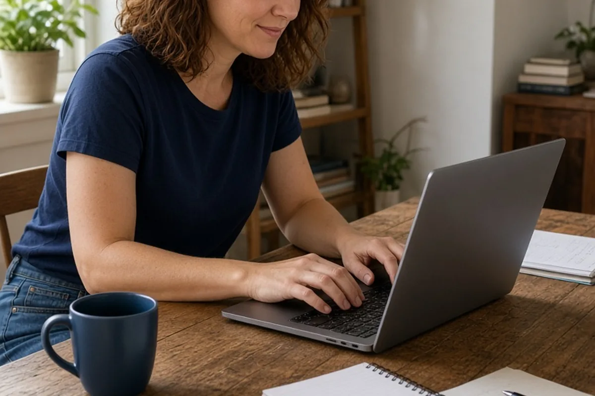 Woman in her thirties typing on a laptop at a desk in her home office with focused expression