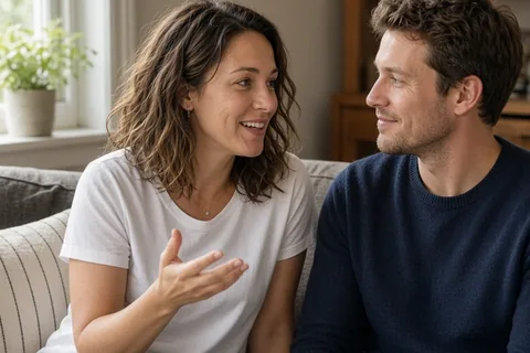 A woman gesturing and smiling at a man on a sofa who smiles back in a living room