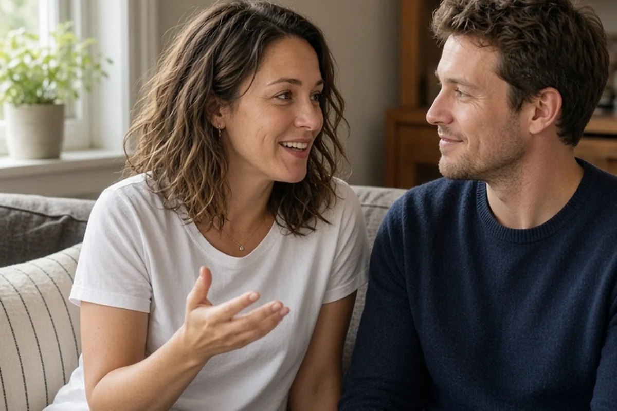 A woman gesturing and smiling at a man on a sofa who smiles back in a living room