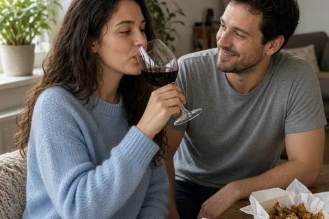 A woman taking a sip from a glass at a dining table while her partner watches her