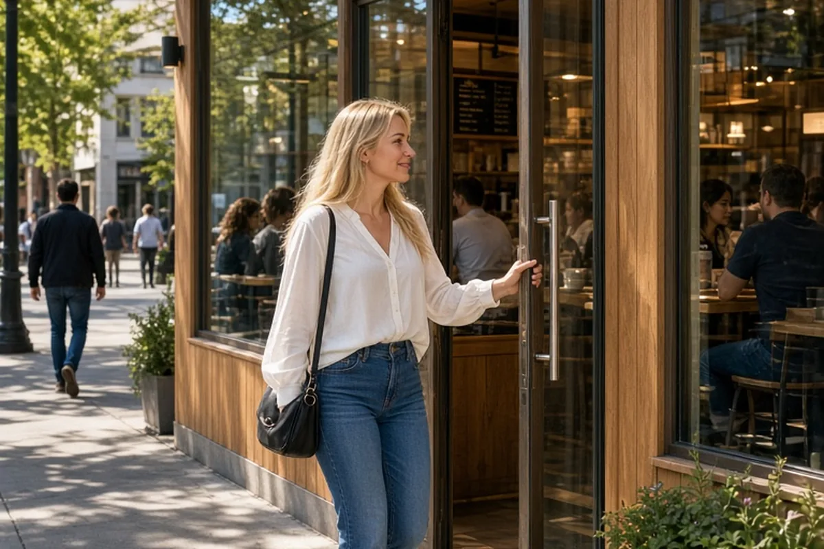 A woman in her late twenties with long straight blonde hair in a white blouse and blue jeans enters a busy coffee shop on a sunny day.