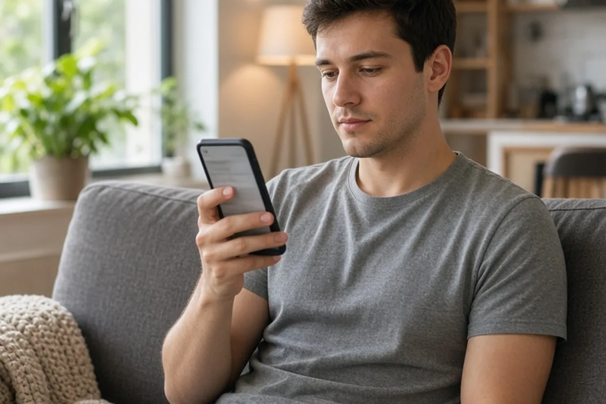 a clearly adult man in his mid-twenties with short brown hair sitting on a sofa holding a smartphone with a blurred screen in a modern apartment