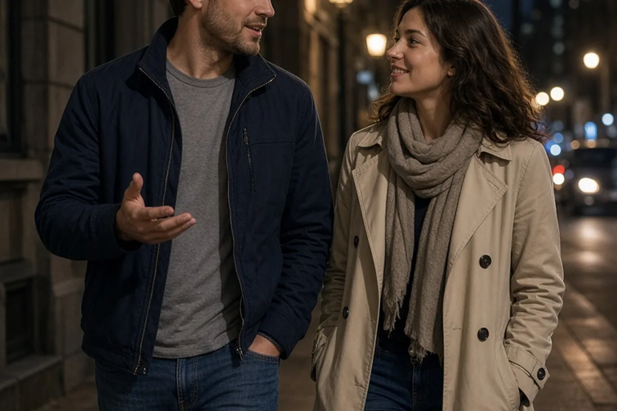 A man and woman walking side by side on a nighttime city sidewalk, engaged in conversation, illuminated by street lamps with blue moonlight
