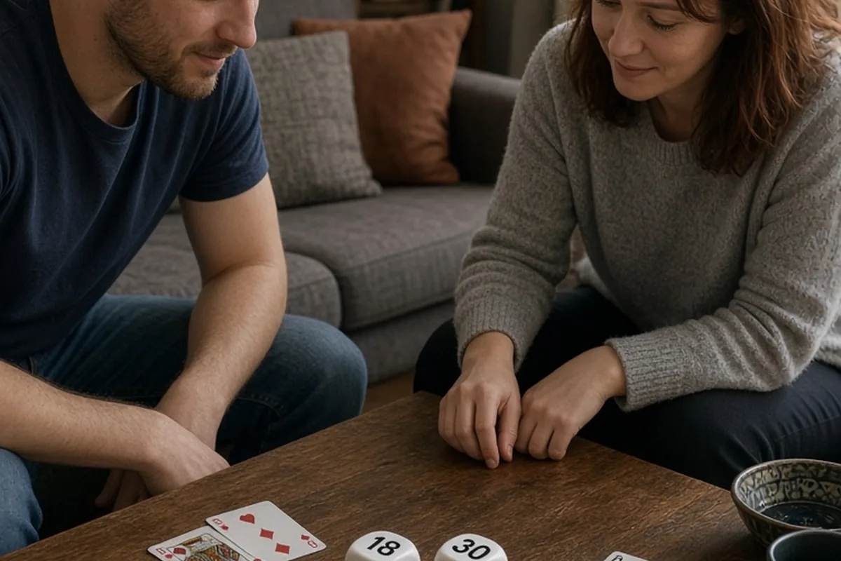 A couple seated at a wooden coffee table in a living room rolling a pair of date decision dice to choose their evening plans